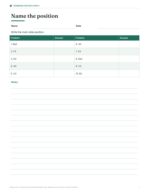 Preview of Printable Trombone Positions Quiz